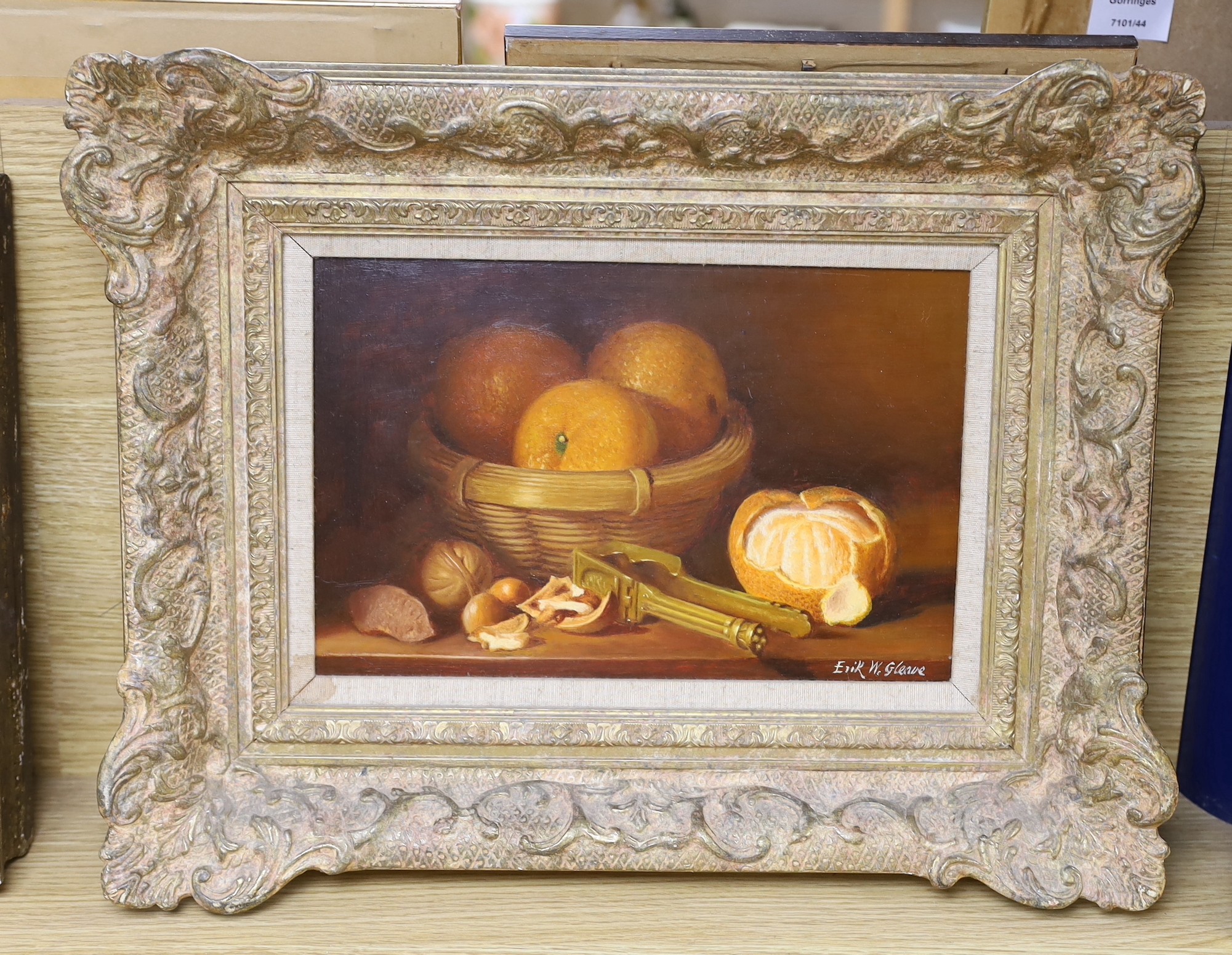 Erik W. Gleave, oil on board, Still life of oranges and walnuts, signed, 20 x 30cm